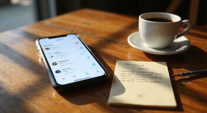 Een smartphone met dating app voor flirten en daten in Vlaanderen ligt op een houten tafel in een café.