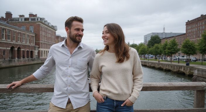 Een stel staat ontspannen bij een houten reling aan de Schelde en wil flirten en daten in Antwerpen.