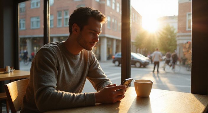 Een persoon in een café kijkt geconcentreerd naar een datingapp voor flirten en daten in Antwerpen.