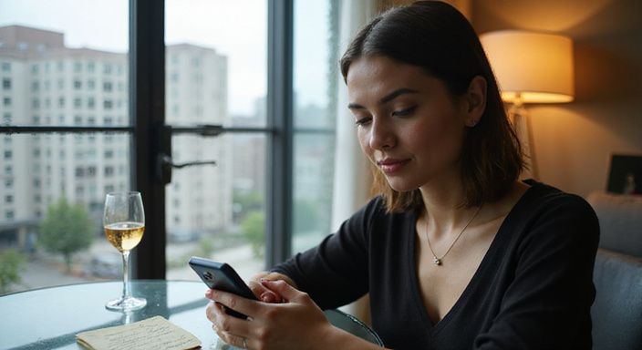Een vrouw in een urban appartement tijdens een videochat voor flirten en daten in Antwerpen.