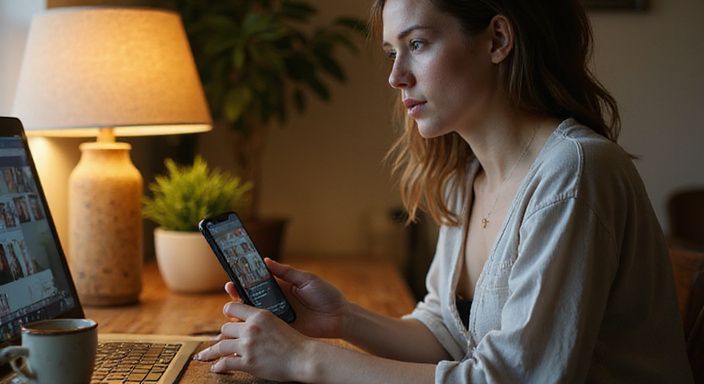 Een vrouw overweegt haar opties op een datingapp voor flirten en daten in Antwerpen op haar telefoon.