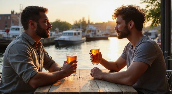 Twee vrienden genieten van Belgische bieren op een terras.