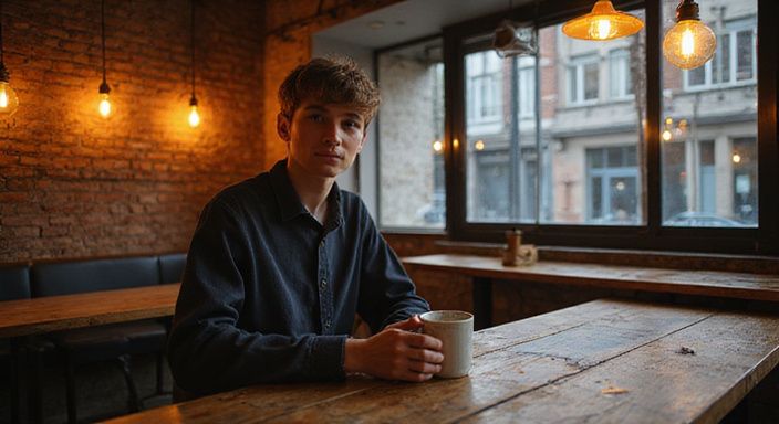 Een jonge volwassene geniet van een kopje koffie in een café.
