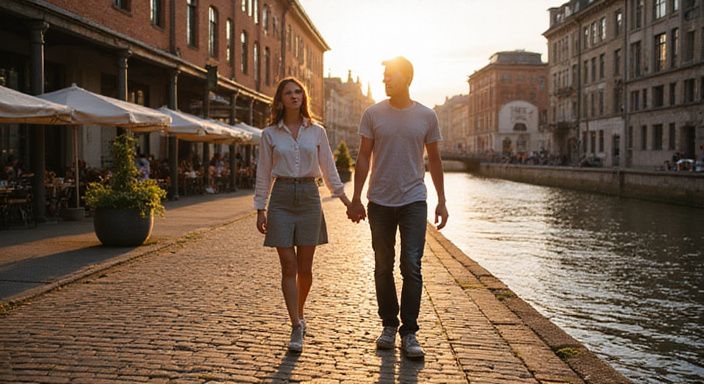 Een jong stel wandelt hand in hand over de kasseien en gaat flirten en daten in Antwerpen.