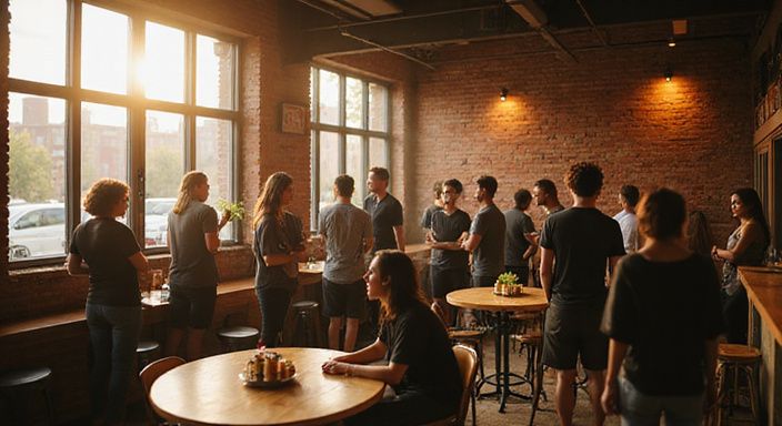 Een groep jonge volwassenen geniet van een ontspannen gesprek over flirten en daten in Antwerpen in een trendy locatie.