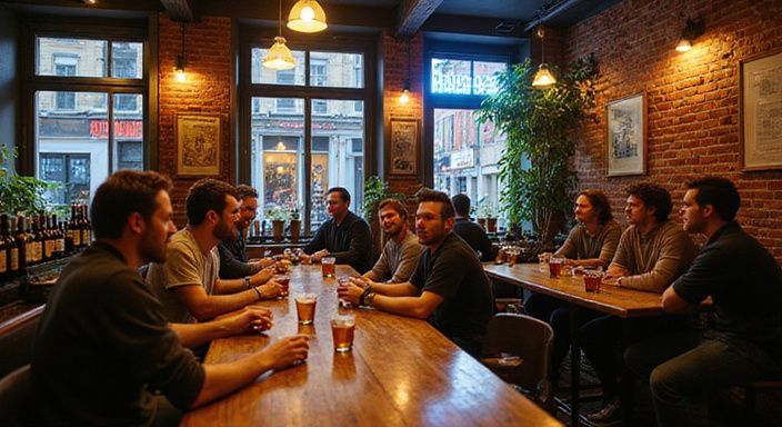 Candid foto van een authentieke Belgische bar met sociale interactie.