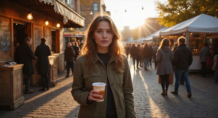 Een vrouw geniet op een herfstfoodfestival bij het water.