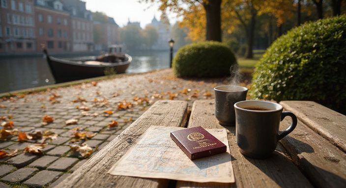 Een houtenbank met koffie en chocolade in een park aan de Schelde.