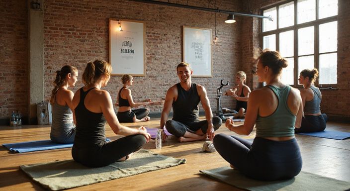 Groep volwassenen in een gymstudio tijdens een fitnessles.