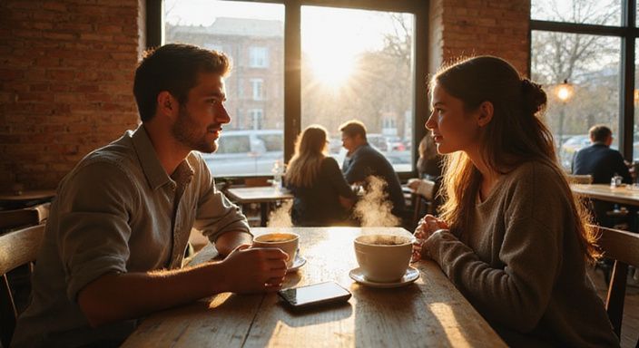 Twee mensen genieten van koffie in een gezellige café-omgeving en willen flirten en daten in Vlaams-Brabant.
