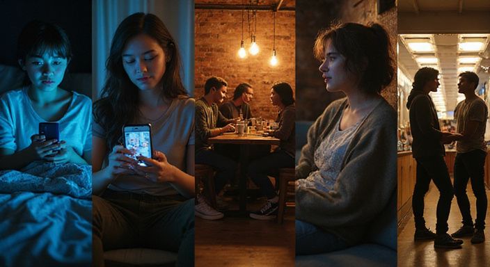 Moderne datingmomenten vastgelegd in een collage van verschillende scènes.