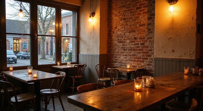 Café in Leuven met houten tafels, unieke stoelen en een gezellige sfeer.