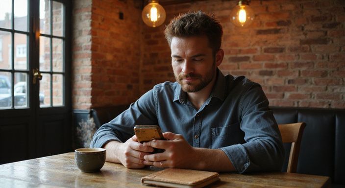 Een man verdiept in een datingapp voor flirten en daten in Vlaams-Brabant in een café.
