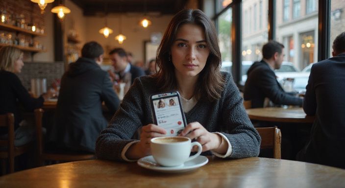 Een vrouw in een café kijkt naar een datingapp voor flirten en daten in Vlaams-Brabant op haar telefoon.