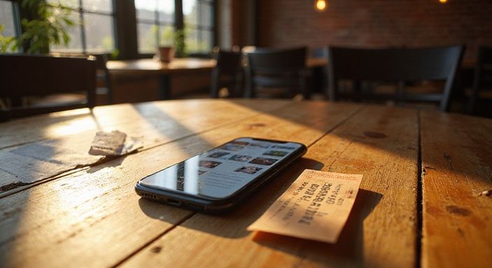 Een smartphone op een houten tafel met dating-app interfaces.