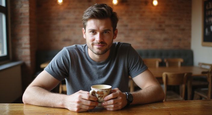 Een persoon in een café, geconcentreerd op een dating-app voor flirten en daten in Vlaams-Brabant.