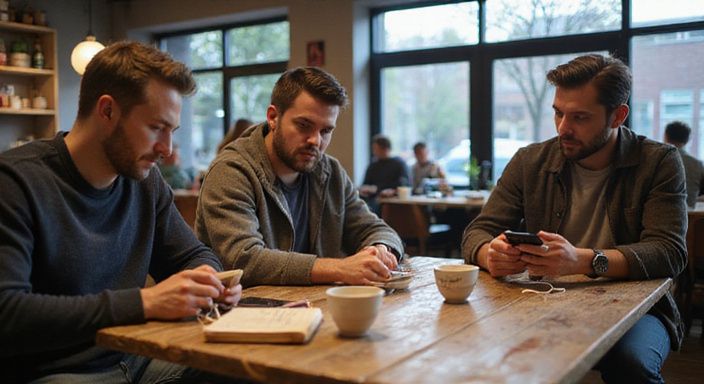 Een diverse groep volwassenen geniet van koffie in een trendy café.