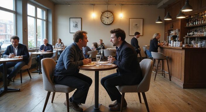 Sneldate-evenement met deelnemers in levendige gesprekken over flirten en daten in Vlaams-Brabant aan ronde tafels.