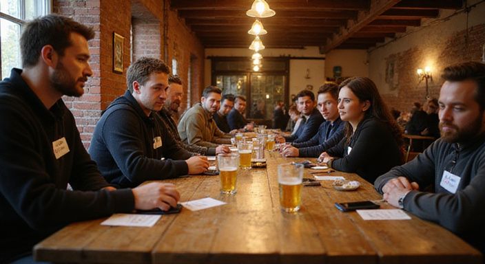 Groep mensen in een café, met echte interactie en spanning.