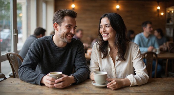 Een man en vrouw lachen samen in een drukke koffiebar.