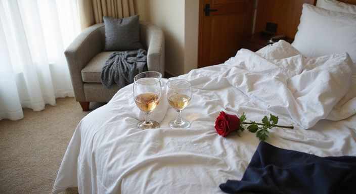 Een ongeorganiseerde hotelkamer met een bed, bloemen en kleding.