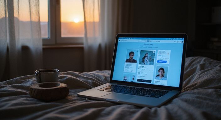 Een MacBook Pro toont een datingapp voor erotisch contact in Vlaandere in een slaapkameromgeving.