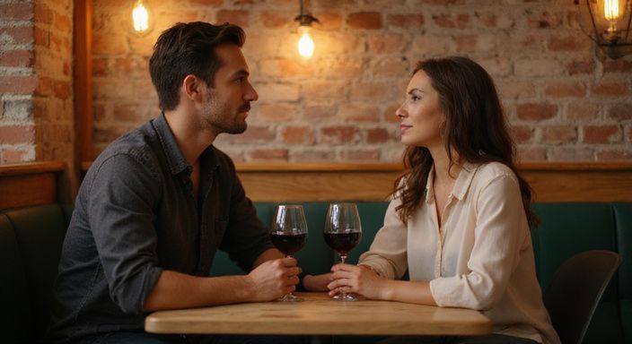 Twee volwassenen genieten van een intieme conversatie over erotisch contact Vlaanderen in een café.