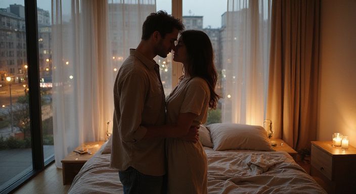 Twee volwassenen staan dicht bij elkaar in een moderne slaapkamer.