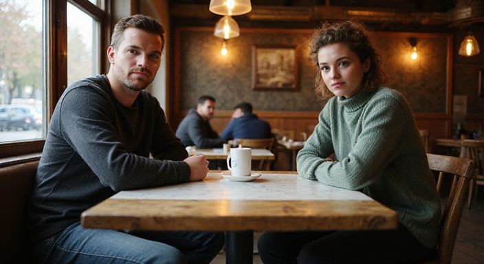 Twee volwassenen zitten aan een verweerd tafel in een café.