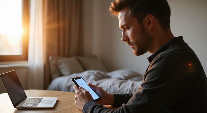 Een man in zijn twenties kijkt geconcentreerd naar zijn smartphone.