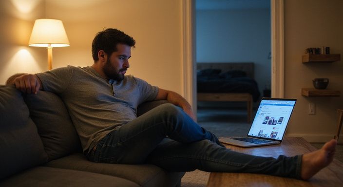 Een man ontspant op een bank met een laptop op schoot.