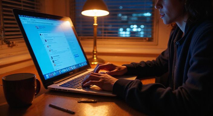 Een persoon werkt geconcentreerd op een laptop aan een bureau.